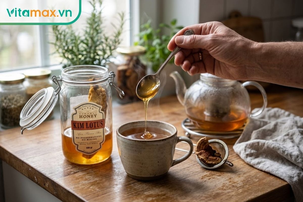 Một tay thêm mật ong vào cốc nước linh chi ấm sau khi nấu, cạnh đó là lát nấm linh chi và hũ mật ong.