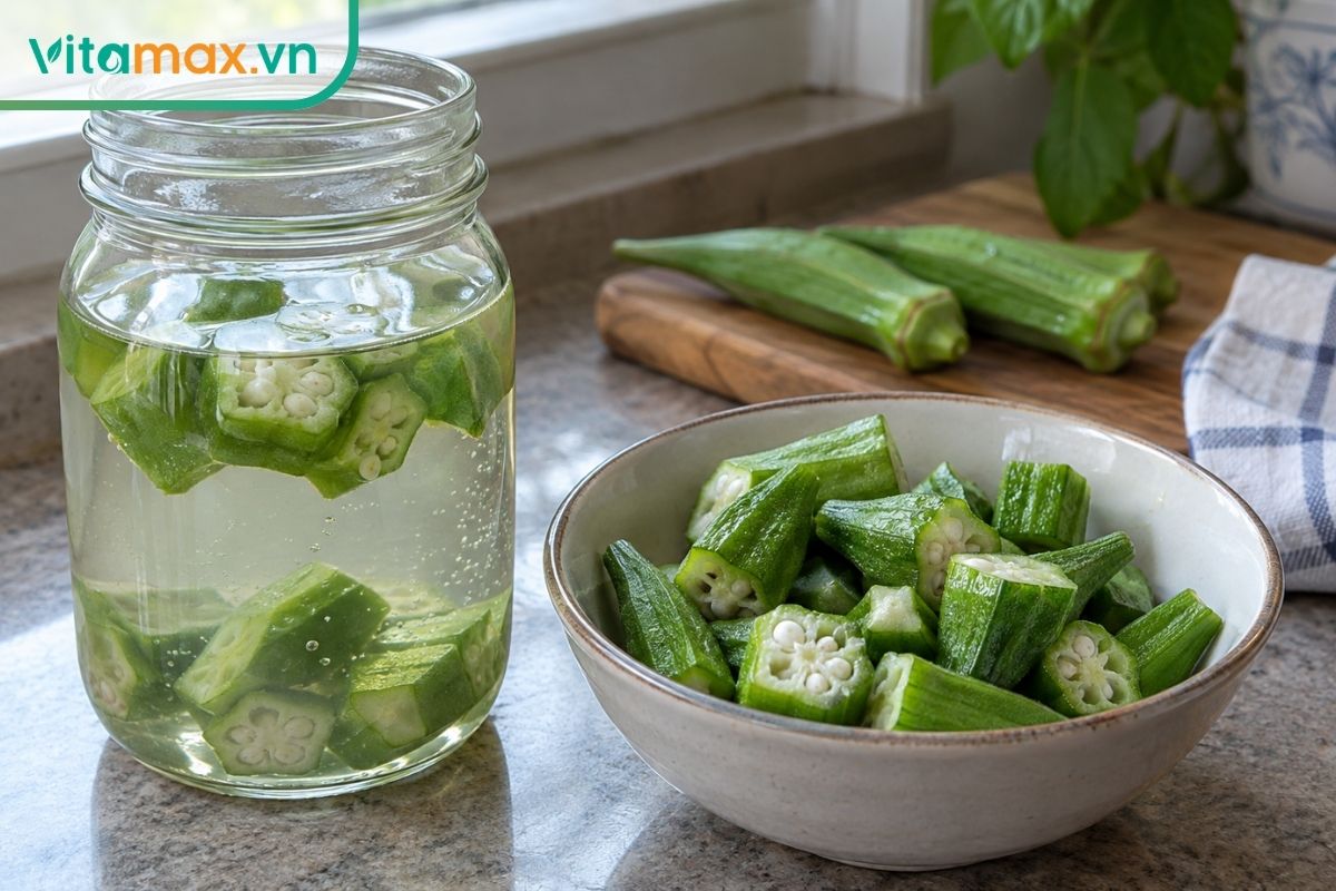 Hũ nước ngâm chứa các miếng đậu bắp đặt cạnh bát đậu bắp cắt khúc, minh họa sự khác biệt giữa uống nước và ăn phần quả.