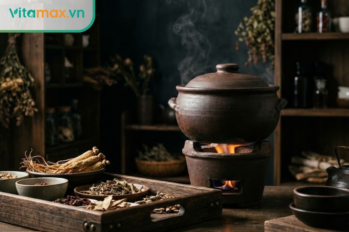 Ấm đất sắc nước sâm khô trên bếp lửa nhỏ liu riu.