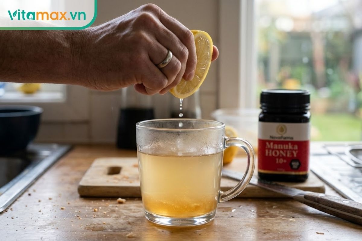 Bàn tay đang vắt nửa quả chanh tươi vào cốc nước ấm đã pha sẵn mật ong để làm dịu cơn đau họng tại nhà.