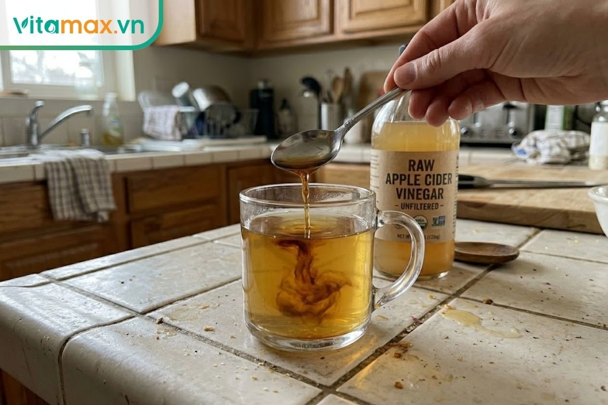 Cận cảnh một tay đang dùng thìa cà phê đong một lượng nhỏ giấm táo màu hổ phách để đổ vào cốc nước ấm đã có sẵn mật ong.