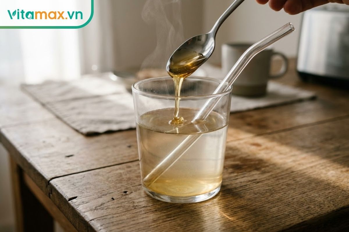 Dùng thìa múc hỗn hợp gừng tỏi mật ong giấm táo để pha loãng với cốc nước ấm, bên trong có sẵn ống hút.