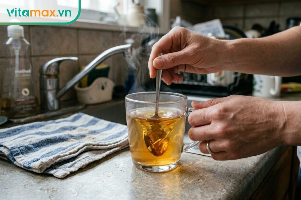 Một người đang dùng thìa khuấy đều mật ong nguyên chất vào cốc nước ấm để làm nước súc miệng buổi sáng.