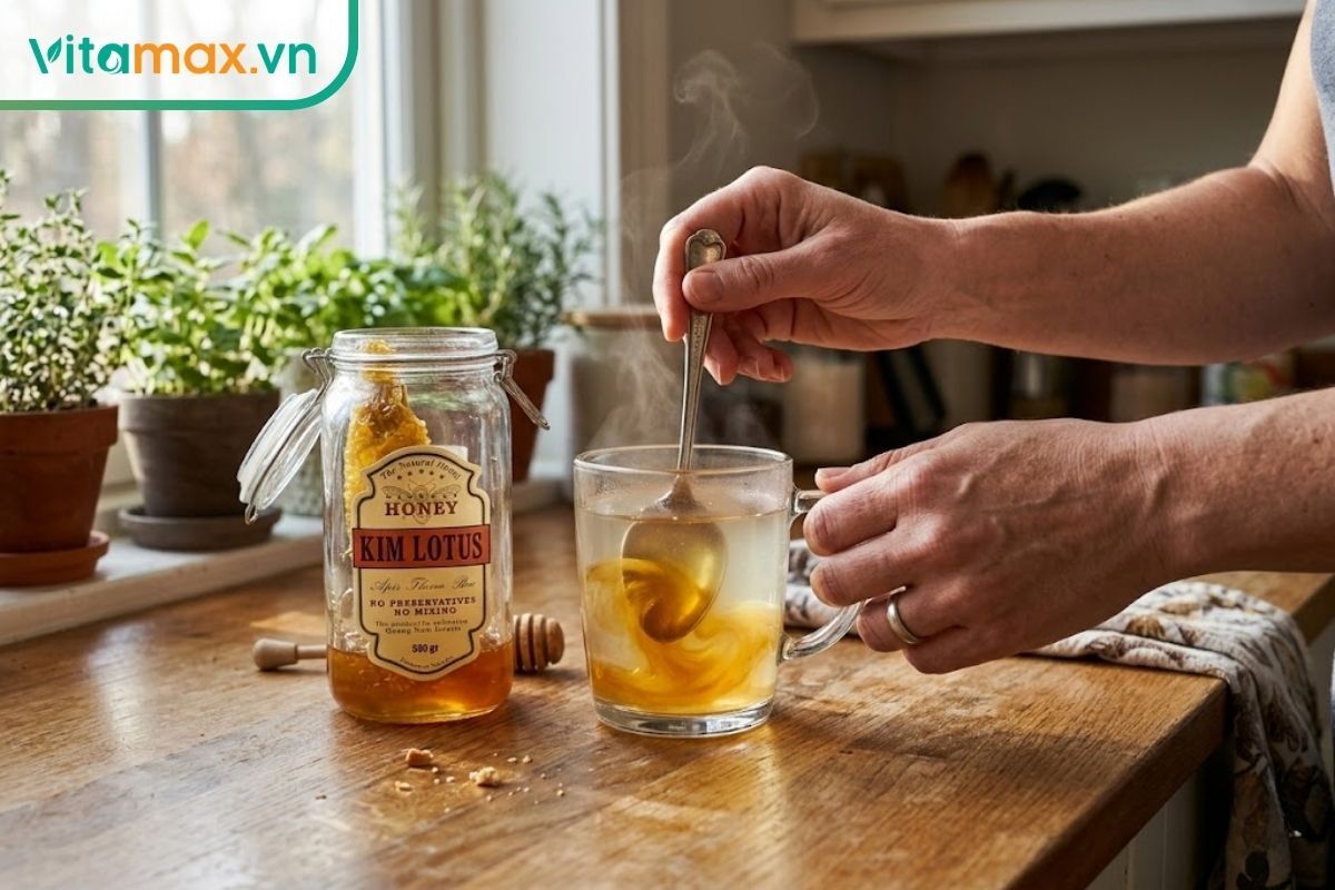 Một người đang dùng thìa khuấy đều mật ong vào cốc nước ấm bốc khói nhẹ để áp dụng cách chữa viêm họng bằng mật ong tại nhà.