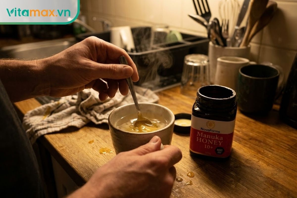 Một người đang dùng thìa khuấy đều mật ong vào cốc nước ấm trong không gian bếp gia đình buổi tối để chuẩn bị uống trước khi ngủ.