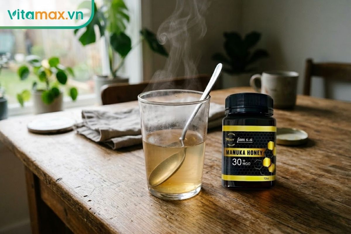 Cốc nước ấm đang được khuấy đều với mật ong nguyên chất trên bàn gỗ, dùng làm nước súc miệng làm dịu niêm mạc.