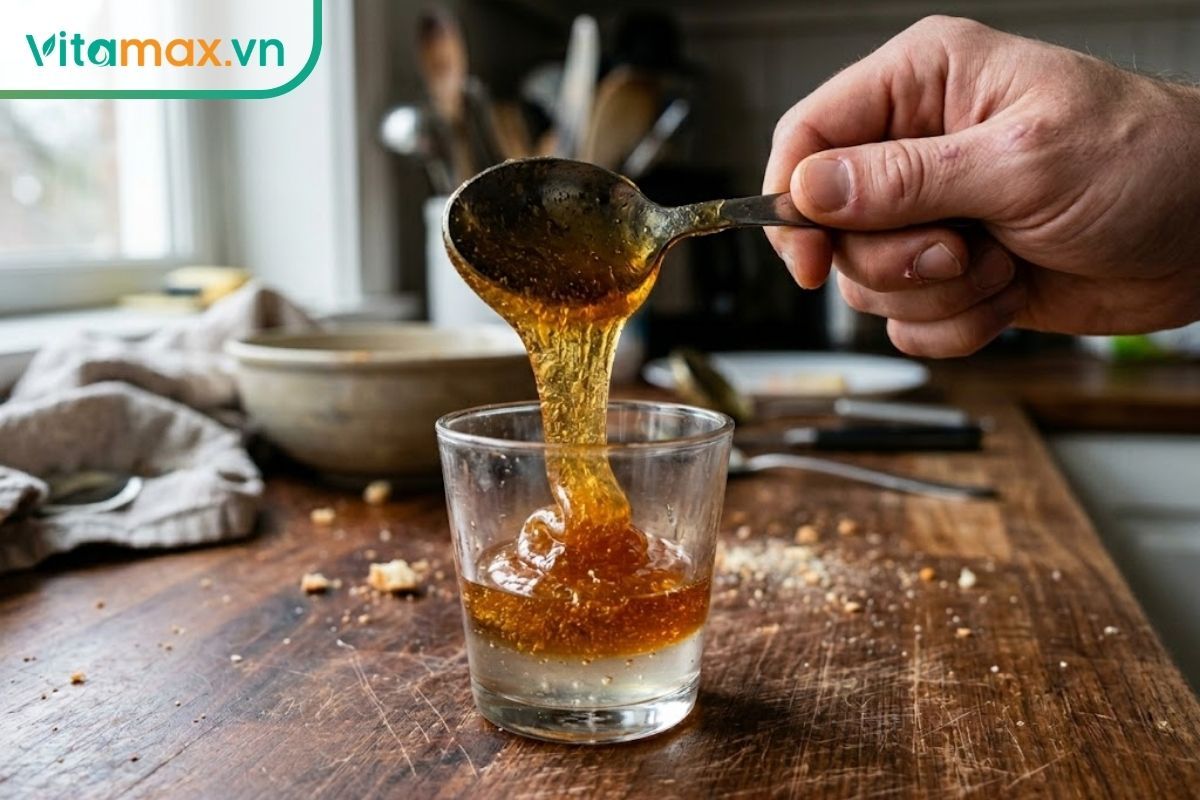 Cận cảnh thao tác rót một lượng lớn mật ong đặc quánh vào một chiếc cốc nhỏ chứa rất ít nước, tạo thành hỗn hợp ngọt gắt.