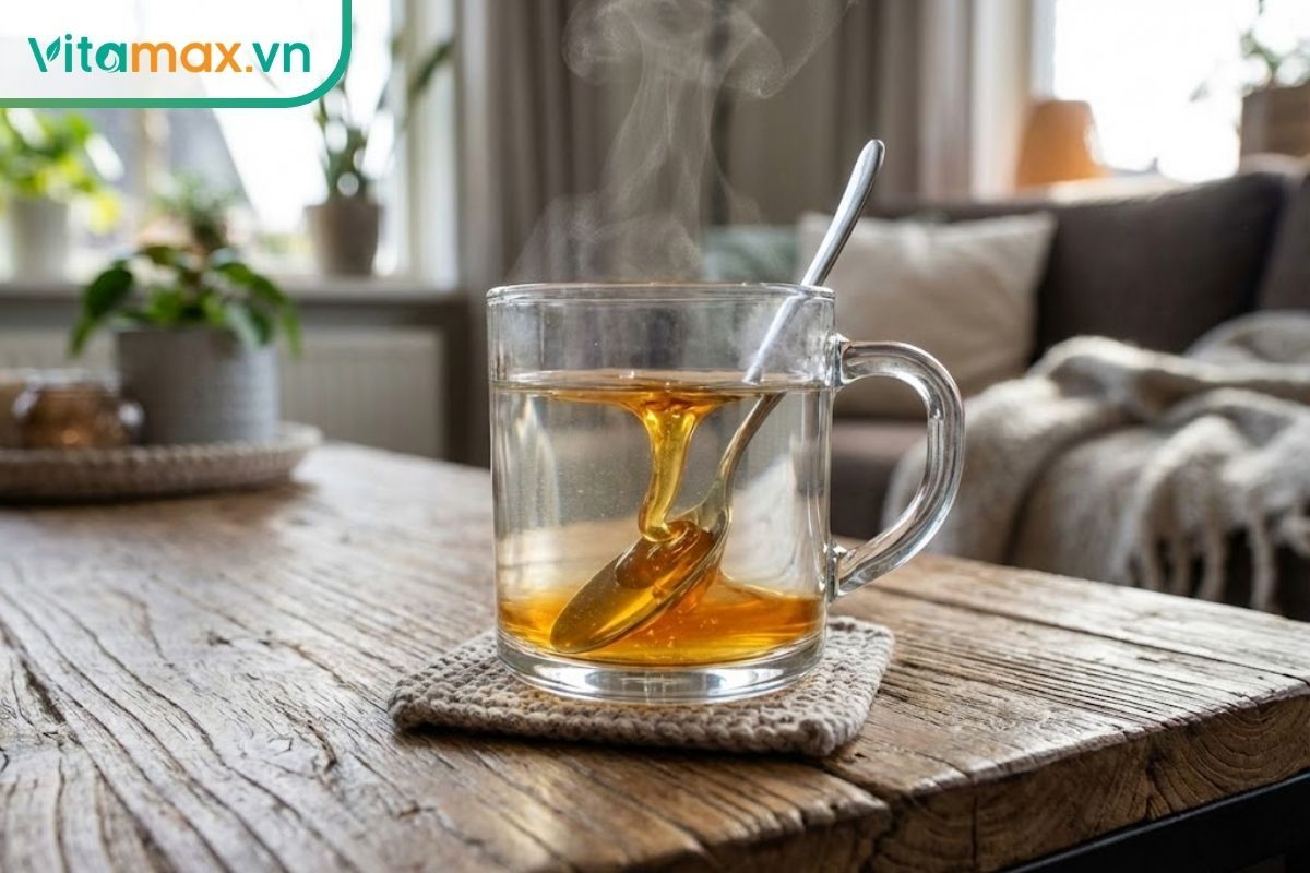 Khuấy mật ong rừng vào ly nước ấm để đánh giá tốc độ hòa tan và tầng hương thảo mộc đặc trưng.