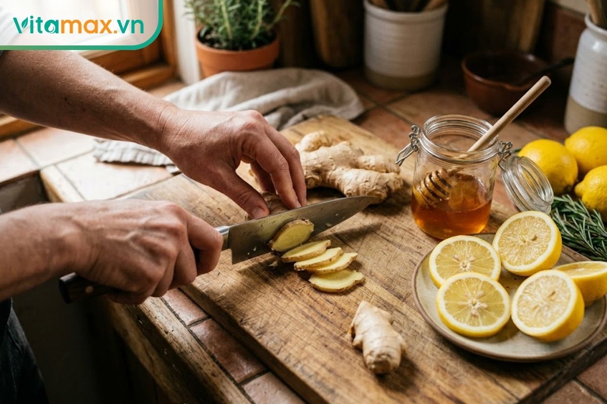 Hai bàn tay đang thái những lát gừng tươi trên thớt gỗ, bên cạnh là vài lát chanh vàng và một hũ mật ong đang mở nắp.