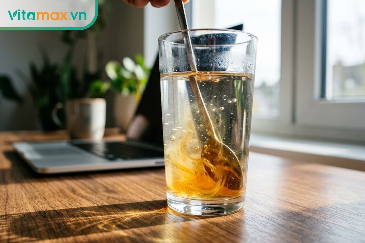 Một chiếc thìa cán dài đang khuấy tan lớp mật ong vàng óng dưới đáy một ly thủy tinh trong suốt chứa nước ấm, đặt trên bàn làm việc cạnh cửa sổ.