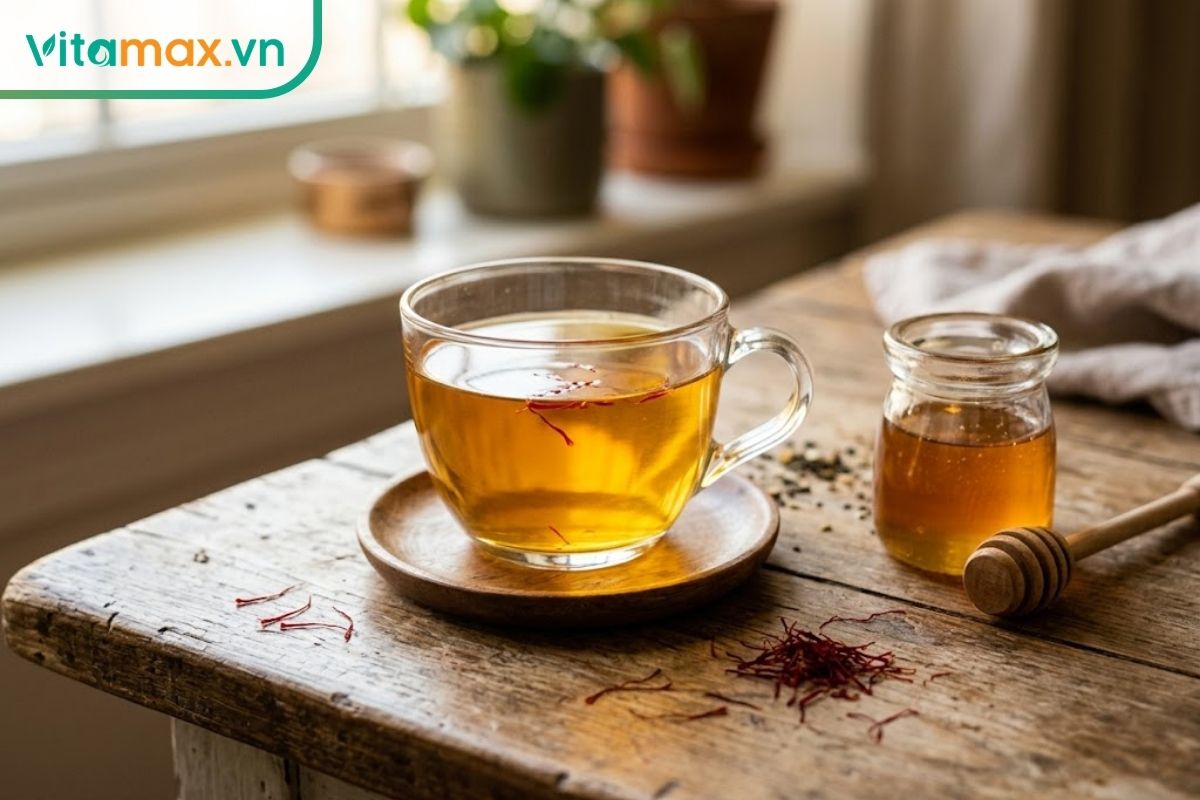 Tách trà ấm pha nhụy hoa nghệ tây Saffron tỏa màu vàng ươm đẹp mắt, đặt cạnh một hũ mật ong nhỏ và vài sợi Saffron đỏ thẫm rải tự nhiên trên bàn gỗ.