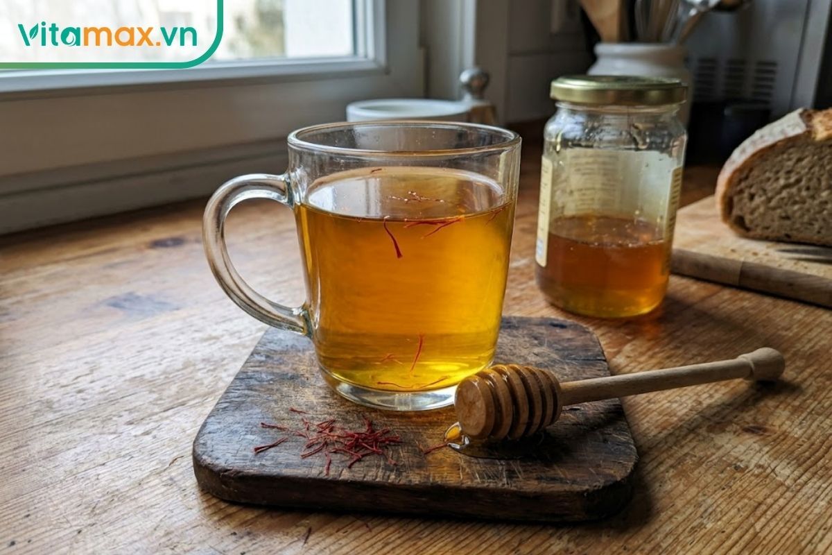 Cốc nước nhụy hoa nghệ tây pha cùng mật ong nguyên chất dùng uống hằng ngày bồi bổ sức khỏe.