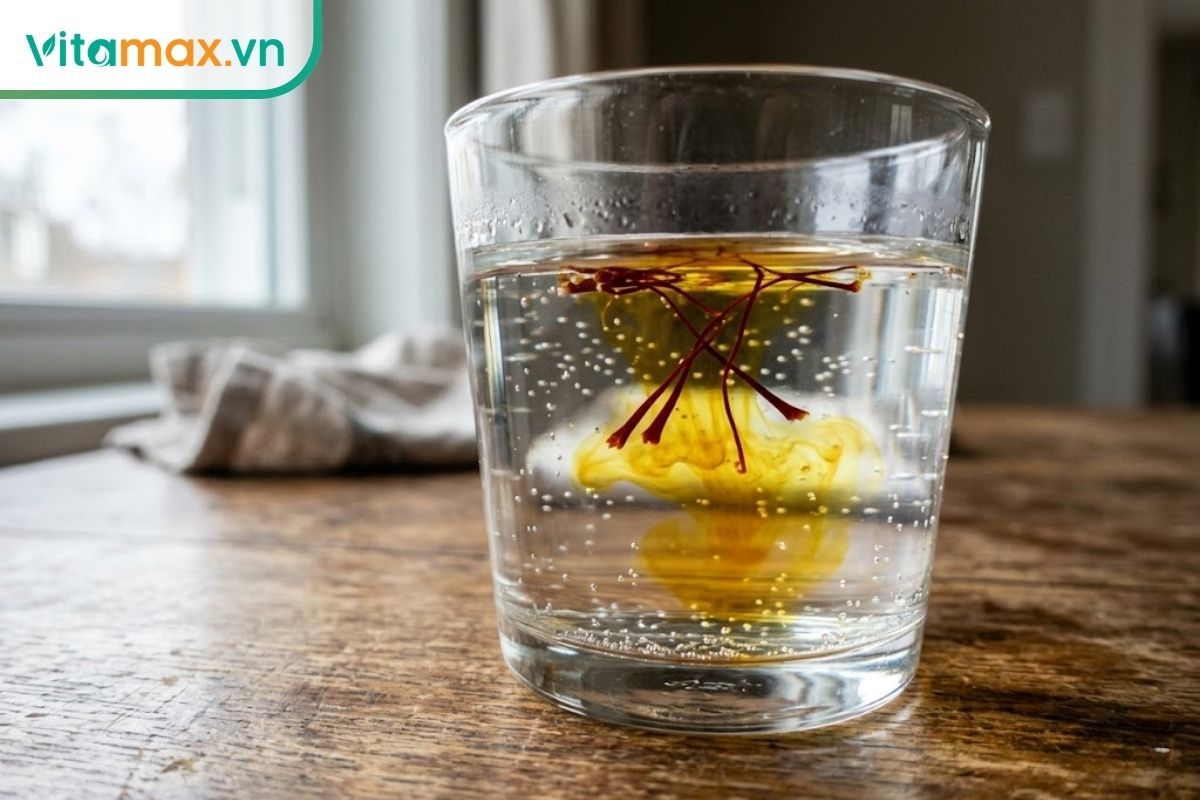 Cận cảnh sợi nhụy hoa nghệ tây đang từ từ nhả màu vàng óng tự nhiên trong ly nước ấm.