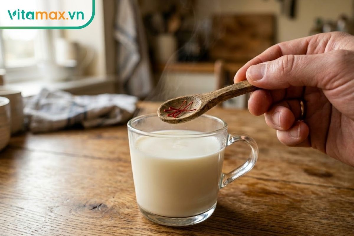 Cận cảnh một bàn tay đang cầm chiếc thìa gỗ nhỏ chứa 4 sợi nhụy hoa nghệ tây màu đỏ sẫm, chuẩn bị thả vào một cốc thủy tinh chứa sữa ấm.