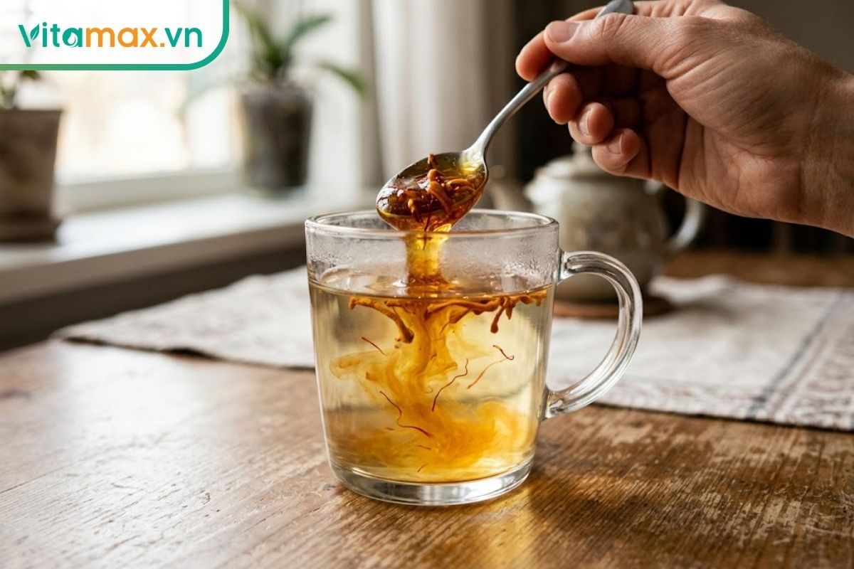 Bàn tay đang dùng thìa khuấy đều mật ong saffron đông trùng hạ thảo vào một ly thủy tinh trong suốt chứa nước ấm, làm nước dần chuyển sang màu vàng óng.