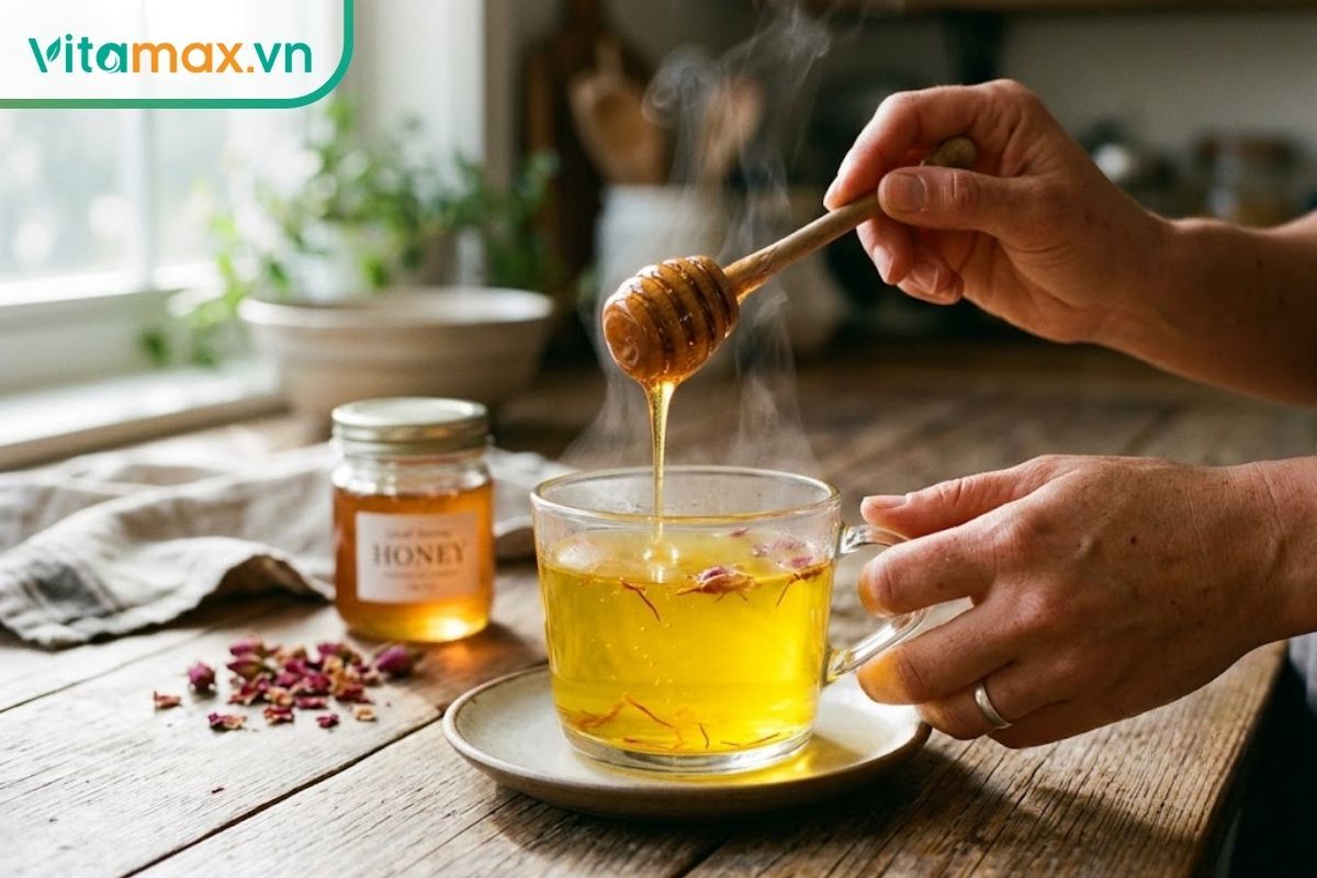 Dòng mật ong vàng óng đang được rót từ một thanh khuấy gỗ (honey dipper) xuống một cốc trà nhụy hoa nghệ tây màu vàng ấm áp trên bàn gỗ.