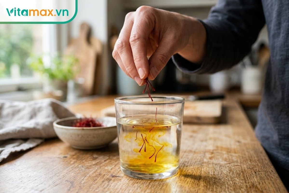 Bàn tay đang cẩn thận thả 3 đến 5 sợi nhụy hoa nghệ tây màu đỏ vào ly nước ấm trong suốt, nước bắt đầu chuyển màu vàng nhạt.