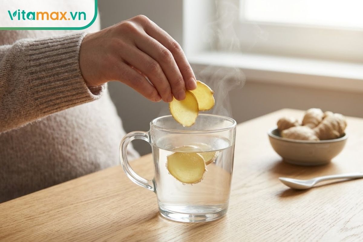 Cận cảnh bàn tay mẹ bầu đang thả vài lát gừng tươi vào cốc thủy tinh đựng nước nóng, hơi nước bốc lên nhẹ nhàng.