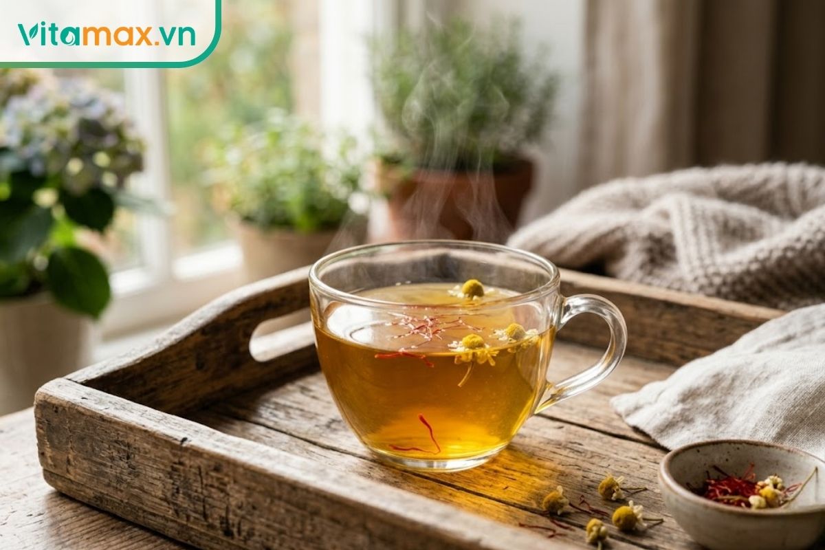 Một tách trà thủy tinh bốc khói nhẹ chứa nước nhụy hoa nghệ tây màu vàng trong veo, bên trong có vài bông hoa cúc sấy khô và sợi saffron đỏ, đặt trên khay gỗ mộc.