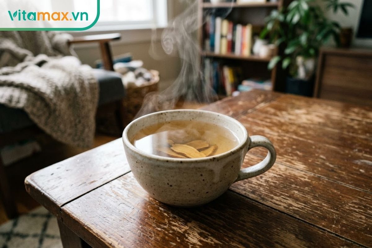 Ly trà sâm Ngọc Linh ấm nóng bốc khói nhẹ đặt trên bàn gỗ, một cách dùng phổ biến giúp trả lời sâm ngọc linh có tác dụng gì.