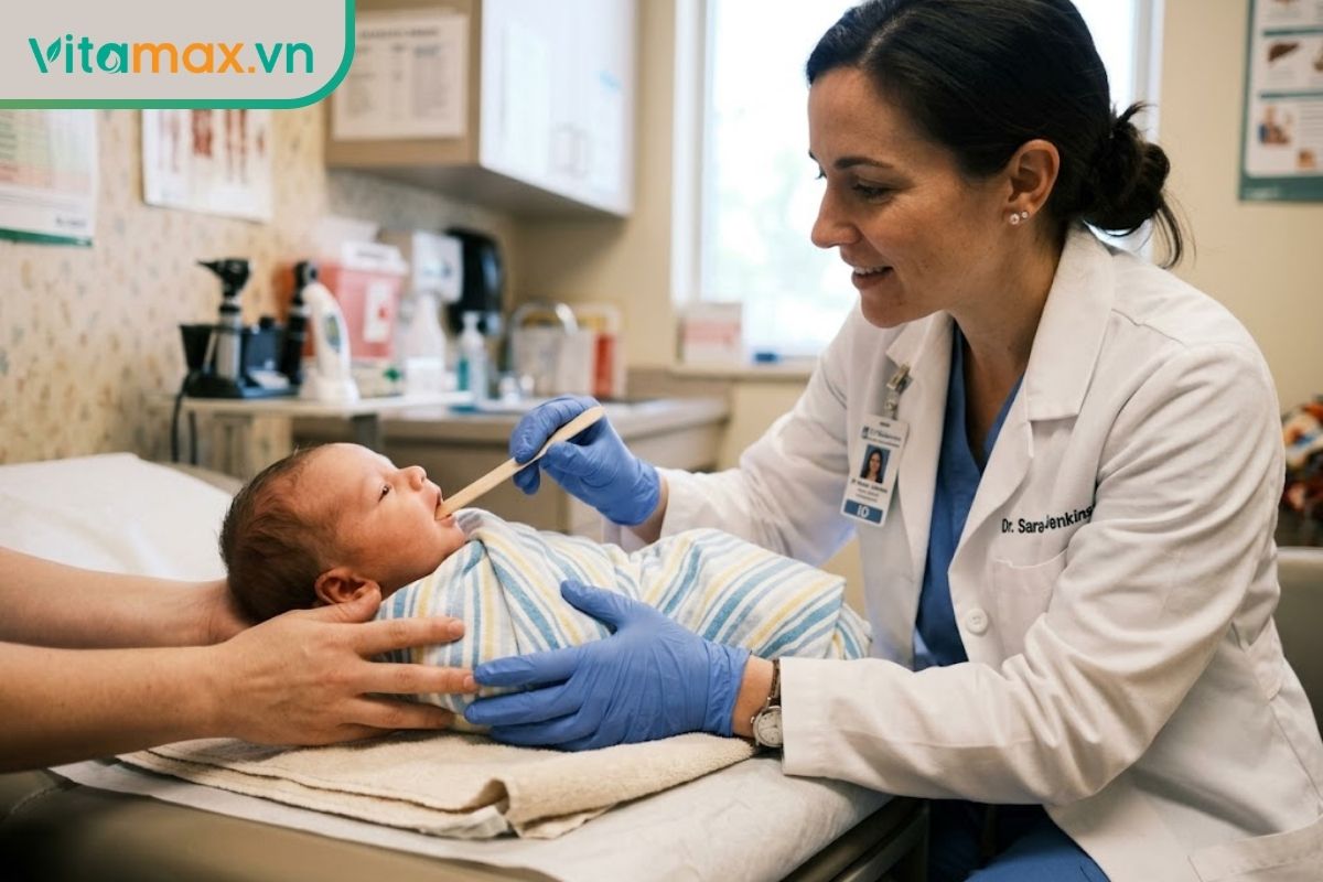 Bác sĩ nhi khoa đeo găng tay y tế đang cẩn thận dùng que đè lưỡi bằng gỗ để kiểm tra khoang miệng của một em bé sơ sinh.