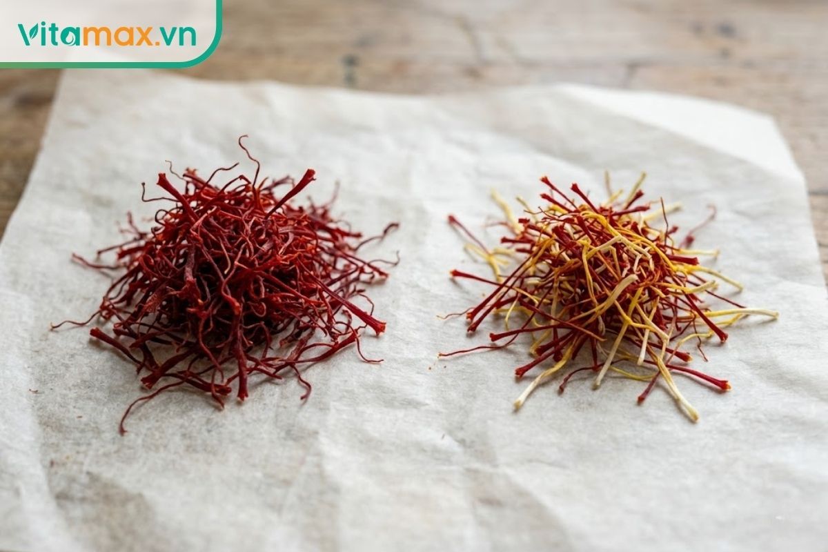 Cận cảnh so sánh sợi saffron Super Negin đỏ sẫm và sợi saffron có chân vàng để định giá.