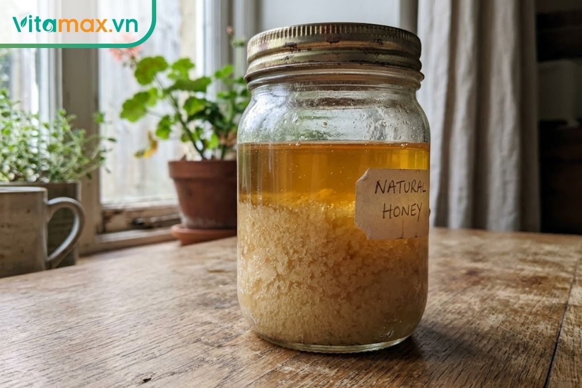 Hình ảnh mật ong bị kết tinh đọng đường ở đáy lọ, hiện tượng tự nhiên rất dễ bị nhầm lẫn với mật ong bị mốc.