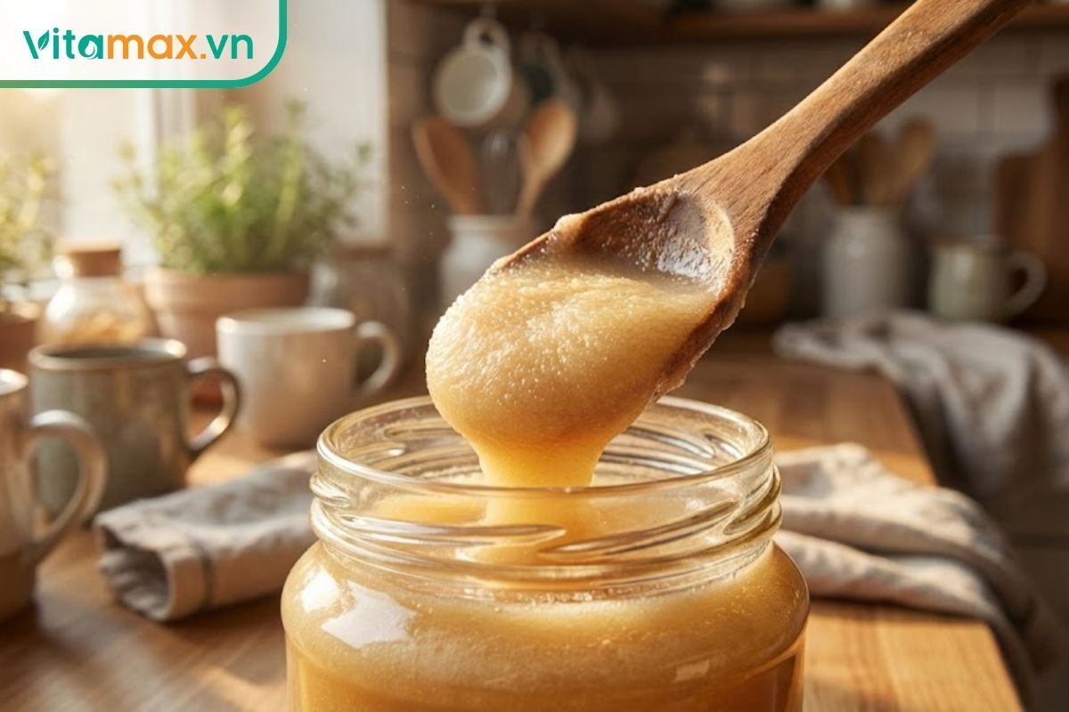 Cận cảnh thìa gỗ múc mật ong kết tinh tự nhiên với chất kem mịn màng, không lạo xạo hạt đường.