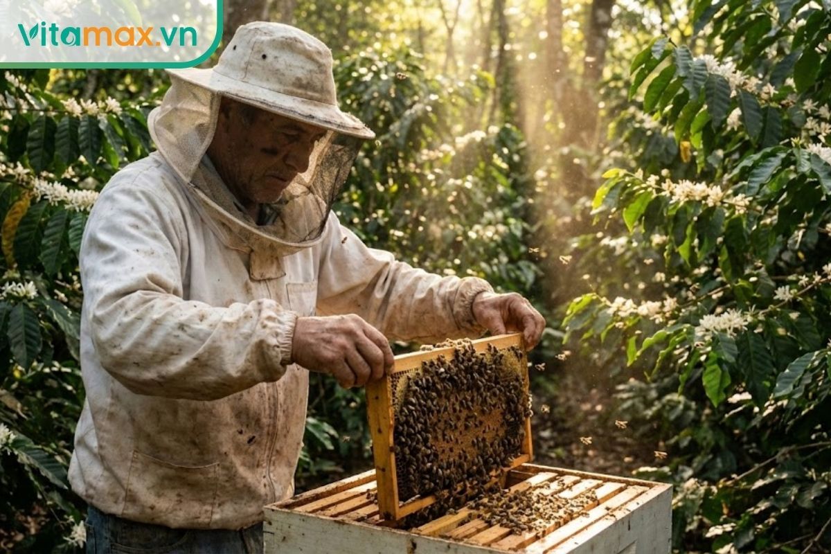 Khung cảnh người nuôi ong đang kiểm tra cầu ong trong rừng cây tự nhiên, minh họa cho nguồn gốc mật ong nuôi sạch và an toàn.