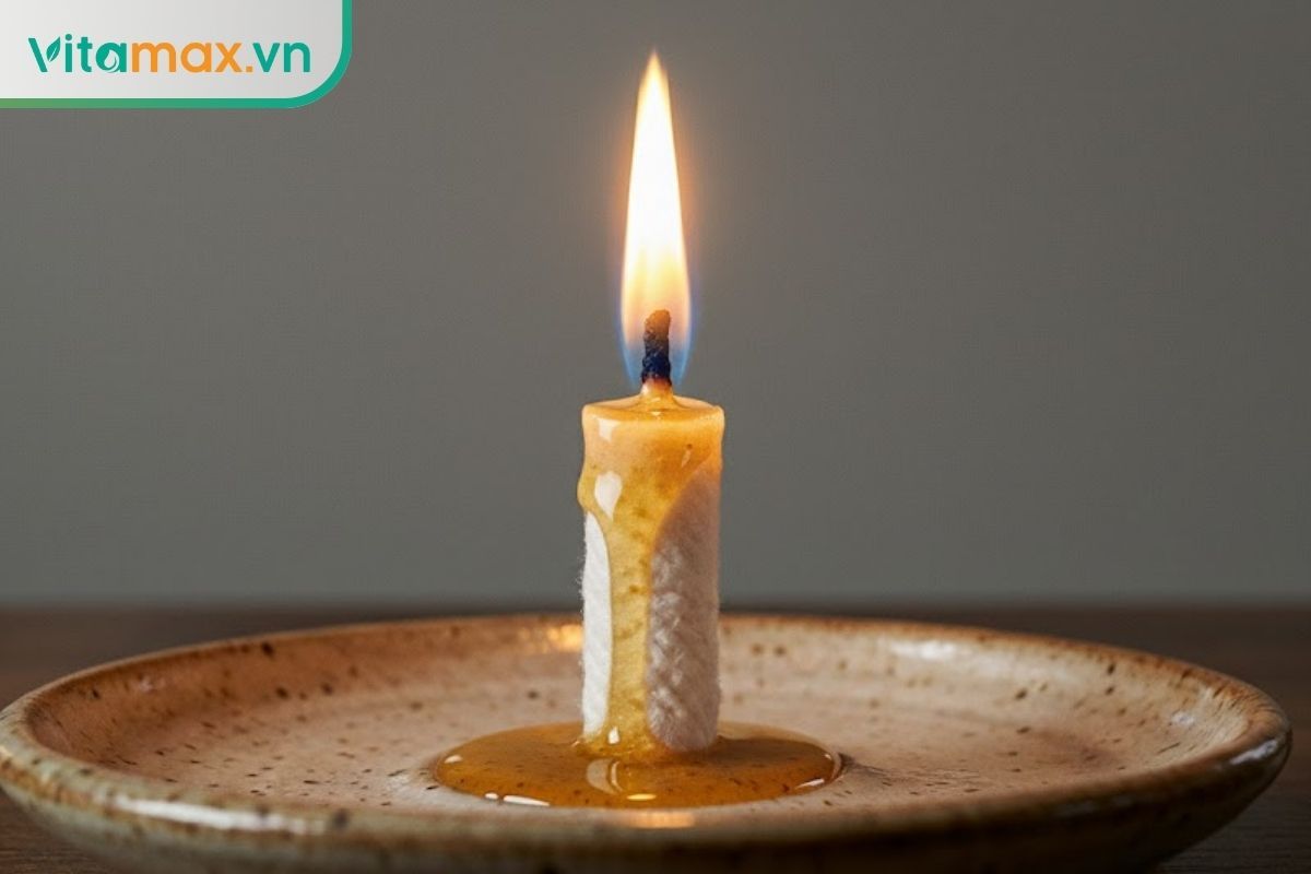 Sợi bấc nến tẩm mật ong đang cháy sáng đều, ngọn lửa thẳng đứng và không tạo ra khói đen, minh chứng cho mật ong ít nước.