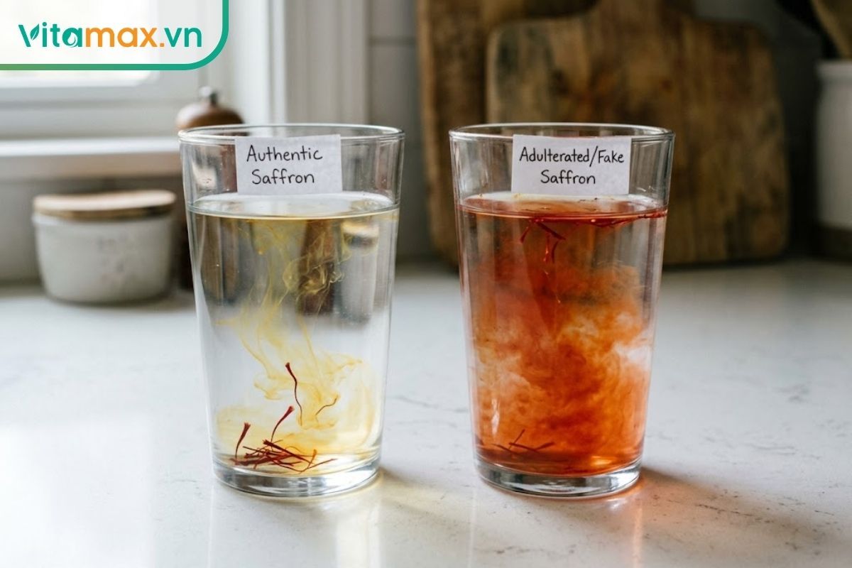 Chụp cận cảnh hai ly nước lạnh so sánh. Ly saffron thật nhả màu vàng óng êm ái, sợi giữ nguyên màu đỏ. Ly saffron giả loang màu đỏ đục nham nhở.