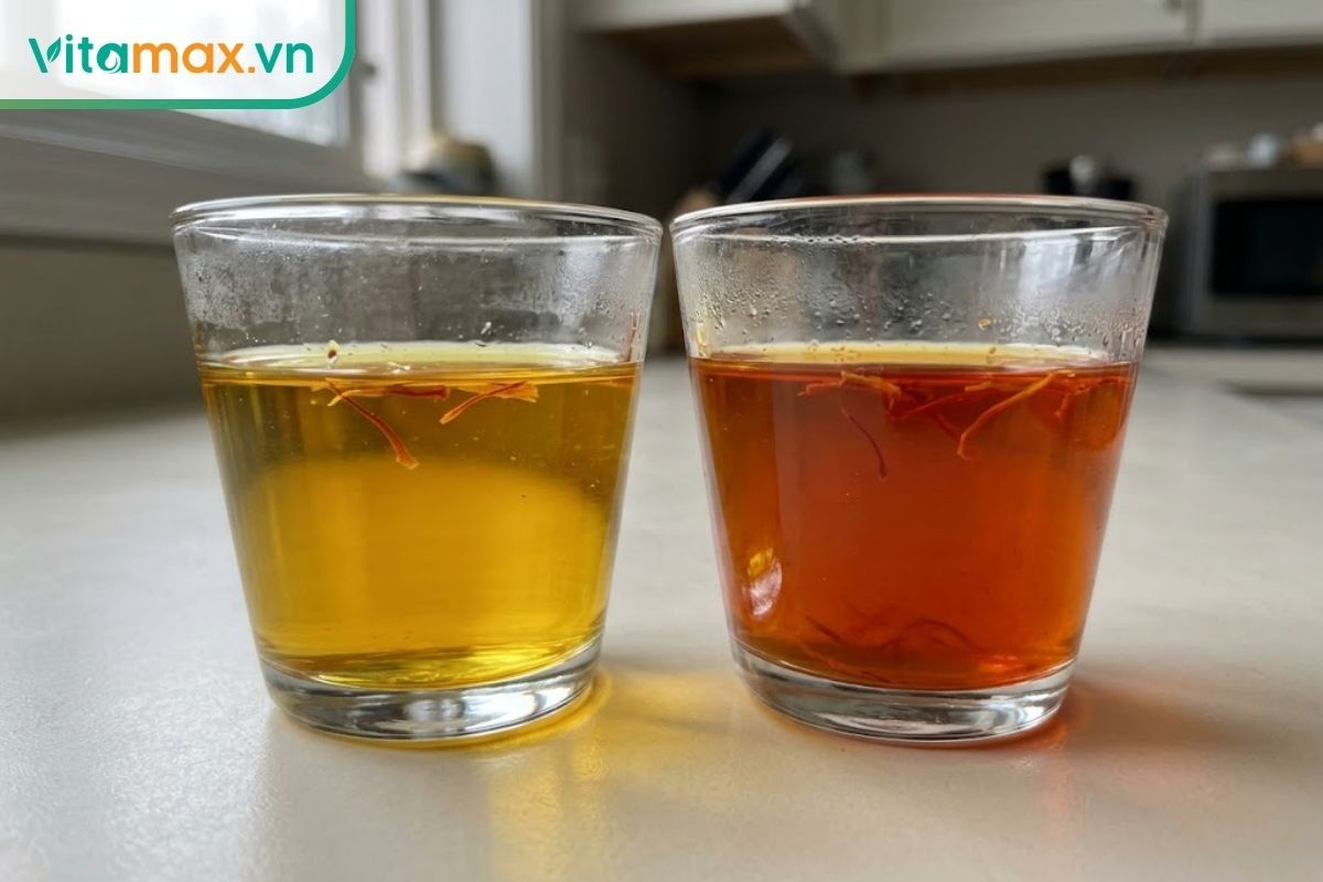 Hai ly nước ngâm saffron để so sánh: ly bên trái có màu vàng óng trong trẻo của saffron thật, ly bên phải có màu đỏ vẩn đục của saffron nhuộm màu.