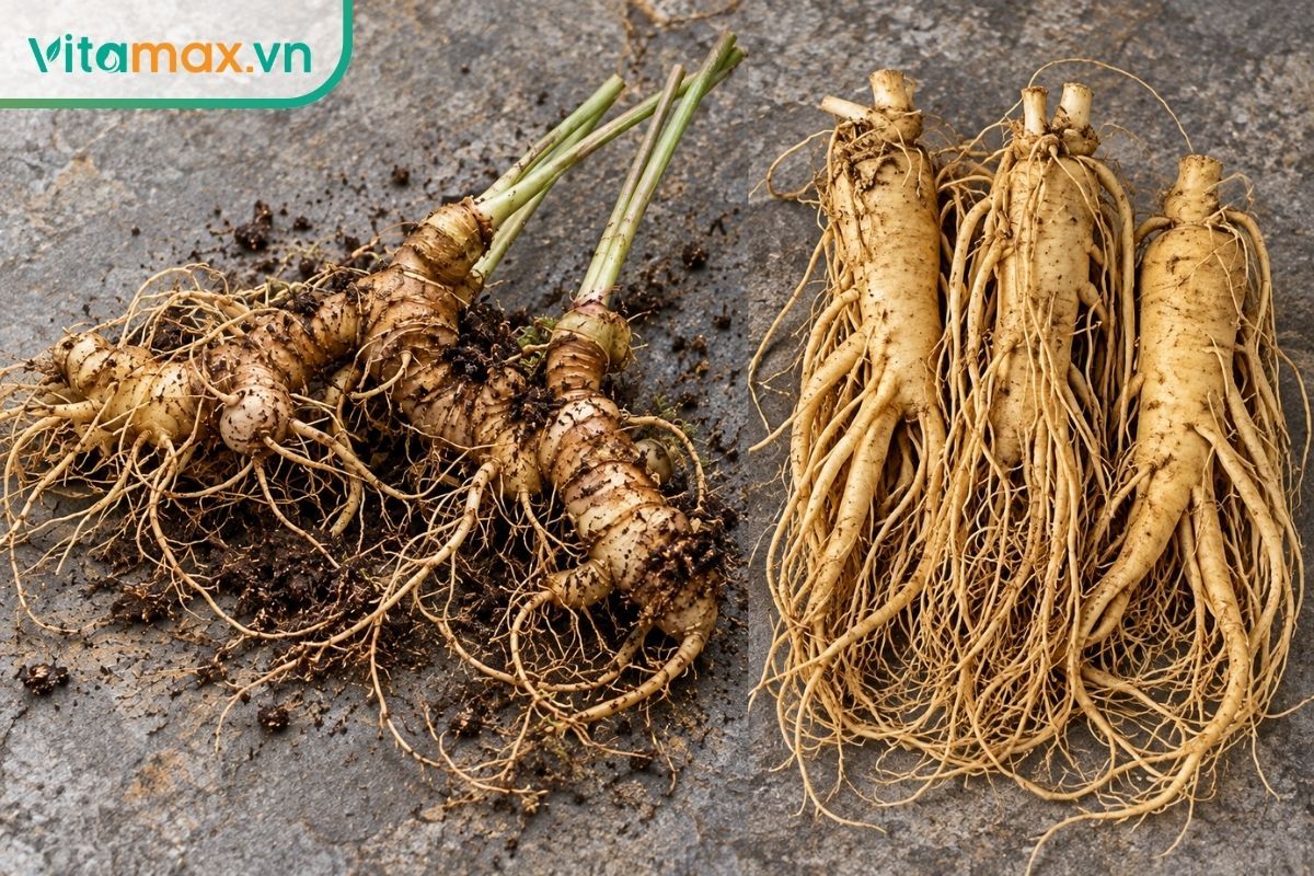 Hai củ sâm đặt cạnh nhau cho thấy khác biệt giữa thân rễ nhiều đốt của sâm Ngọc Linh và rễ củ dài của sâm Hàn Quốc.