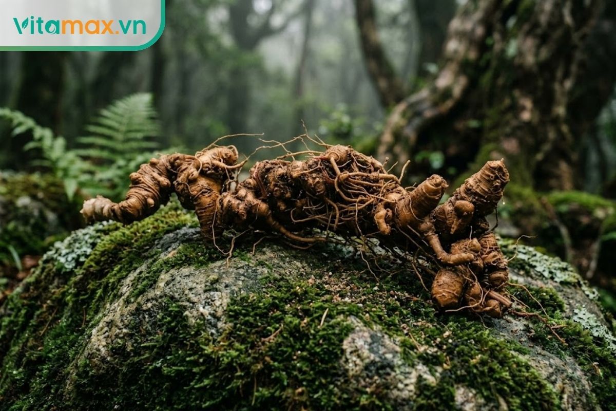 Củ sâm Ngọc Linh tự nhiên nguyên bản với nhiều đốt so le và rễ chùm được đặt trang trọng trên phiến đá rêu phong giữa rừng ẩm sương mù.