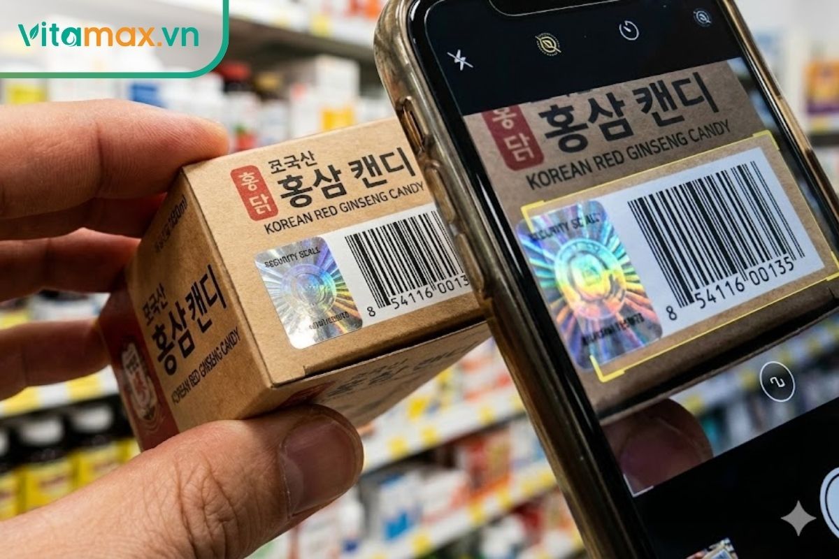 Cận cảnh tay người dùng đang kiểm tra tem niêm phong hologram và mã vạch trên hộp kẹo sâm.