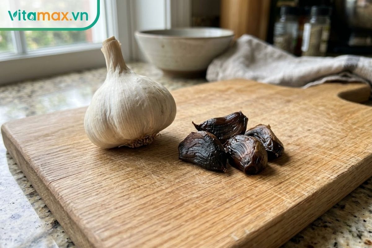 So sánh cận cảnh hình dáng, màu sắc giữa tỏi đen lên men và tỏi trắng thông thường.