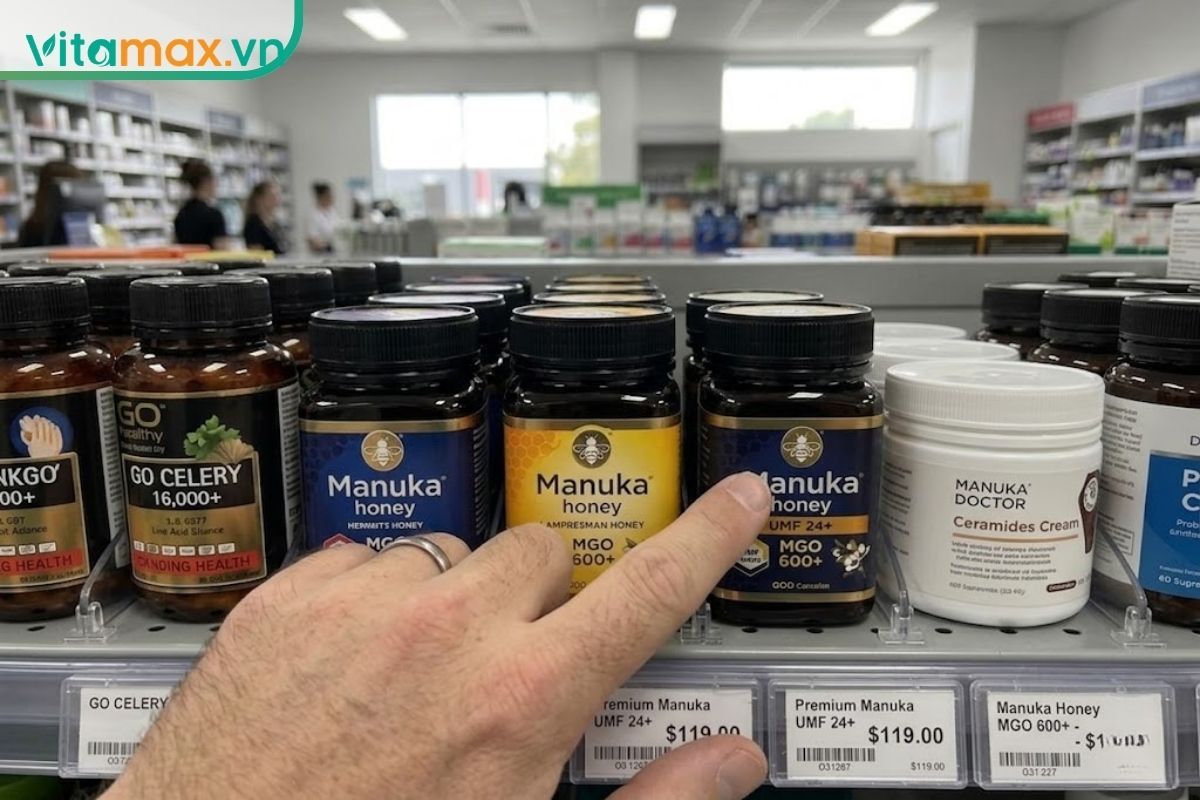 Cận cảnh một ngón tay đang chỉ vào chỉ số MGO 600+ in rõ nét trên nhãn lọ mật ong Manuka, giúp người tiêu dùng dễ dàng phân biệt độ mạnh của sản phẩm.
