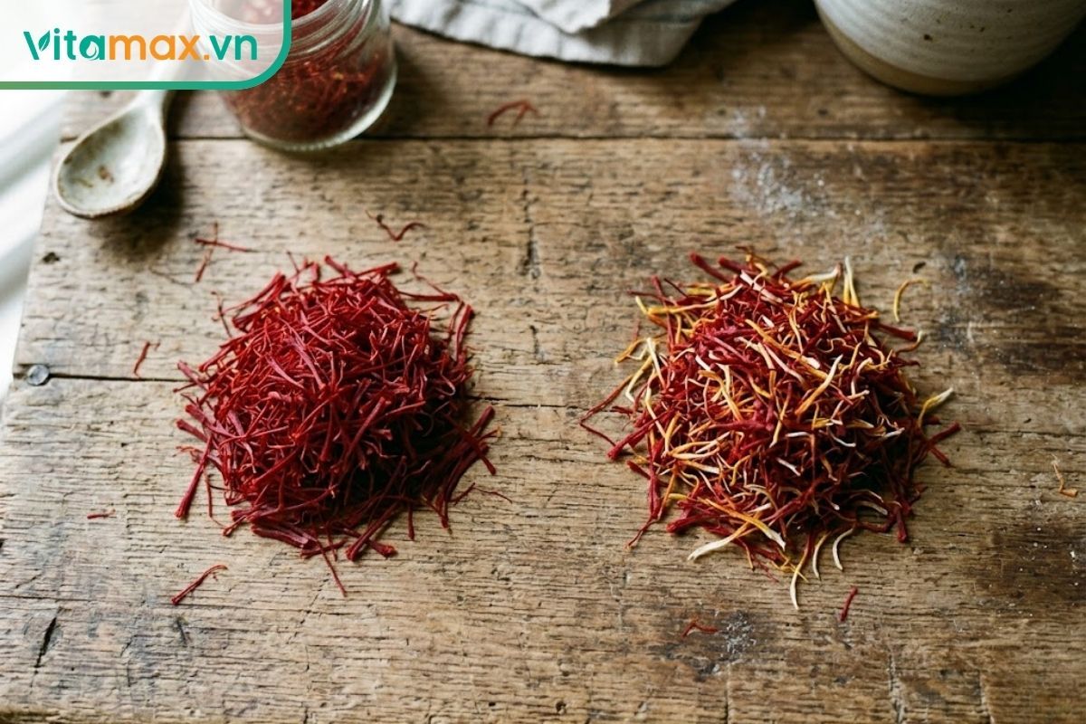 Bức ảnh so sánh trực quan giữa sợi nhụy saffron Negin đỏ thẫm cao cấp và sợi Pushal có lẫn phần chân màu vàng.