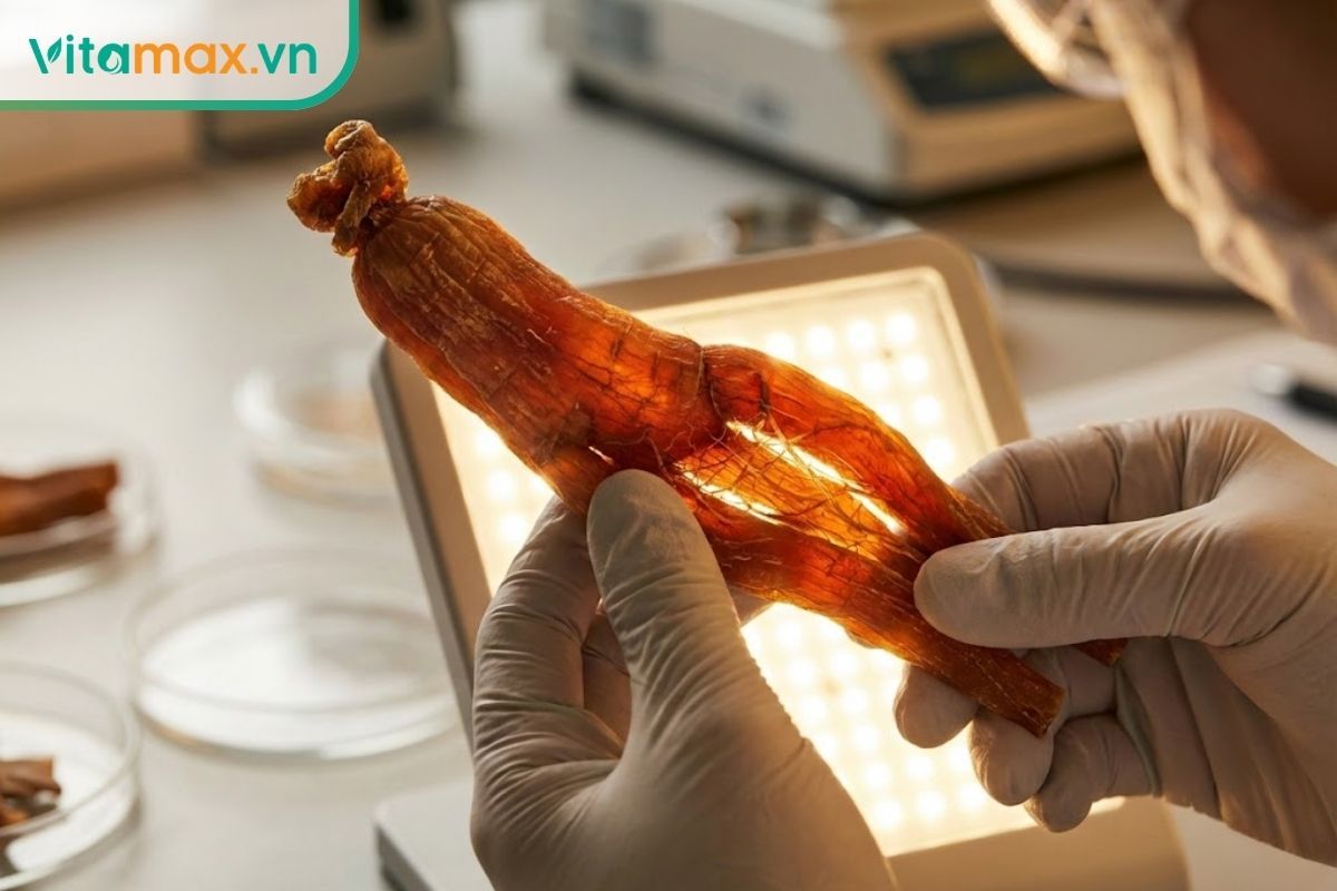 Chuyên gia đang kiểm tra kỹ lưỡng chất lượng và hình dáng của củ hồng sâm khô 6 năm tuổi dưới ánh sáng đèn.