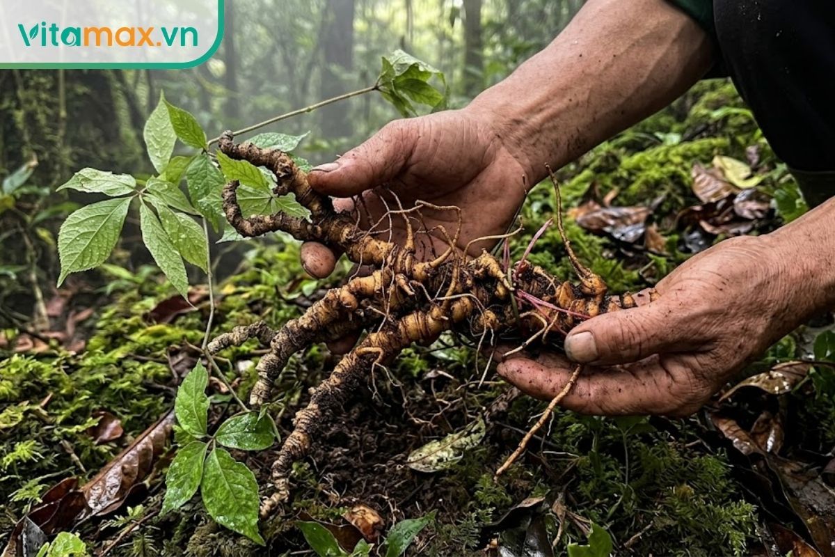 Cận cảnh đôi bàn tay lấm lem bùn đất đang cẩn thận cầm một củ sâm Ngọc Linh tự nhiên vừa được thu hái dưới tán rừng nguyên sinh.