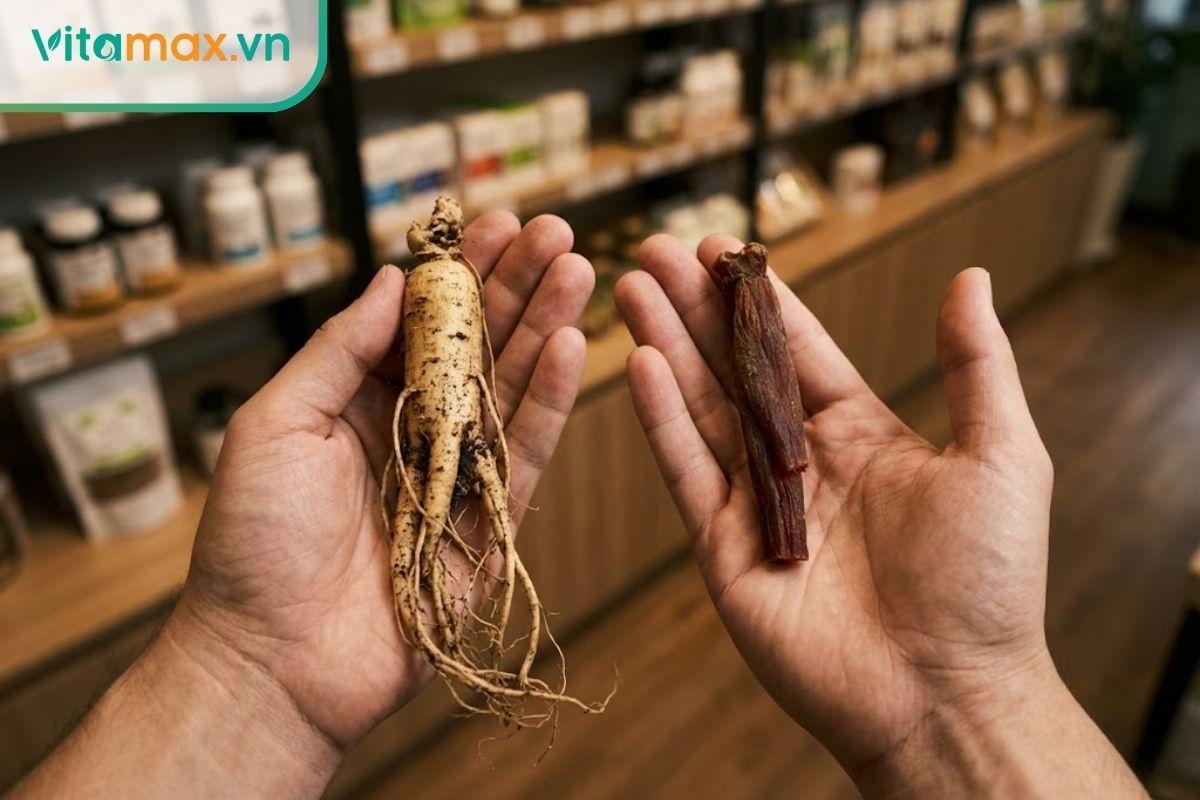 hai bàn tay đang so sánh một bên là củ sâm tươi trắng và một bên là hộp sâm khô màu đỏ