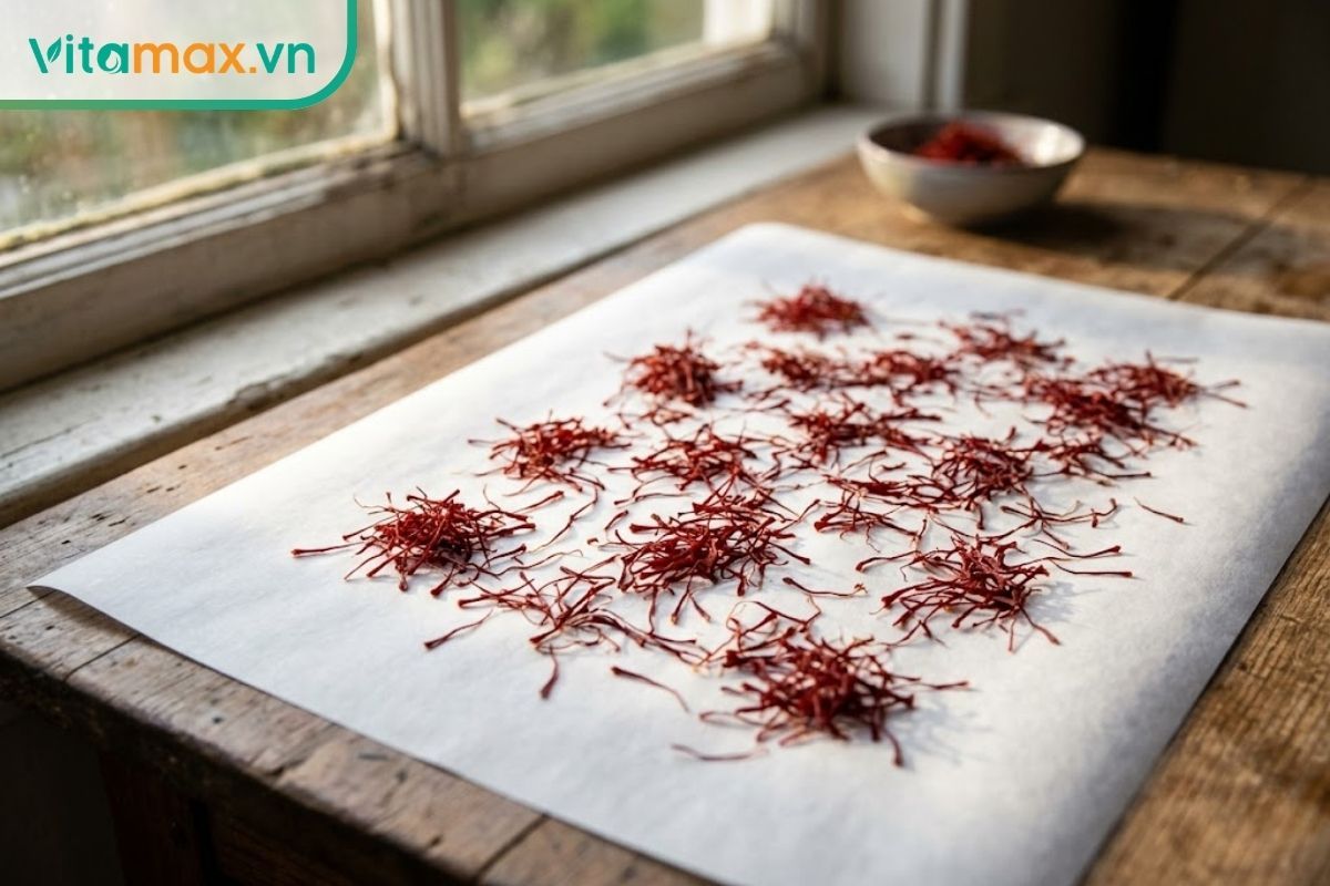 Sợi saffron được rải đều trên một tờ giấy nến sạch và đặt gần cửa sổ để phơi dưới ánh nắng mặt trời buổi sáng dịu nhẹ giúp hút ẩm.