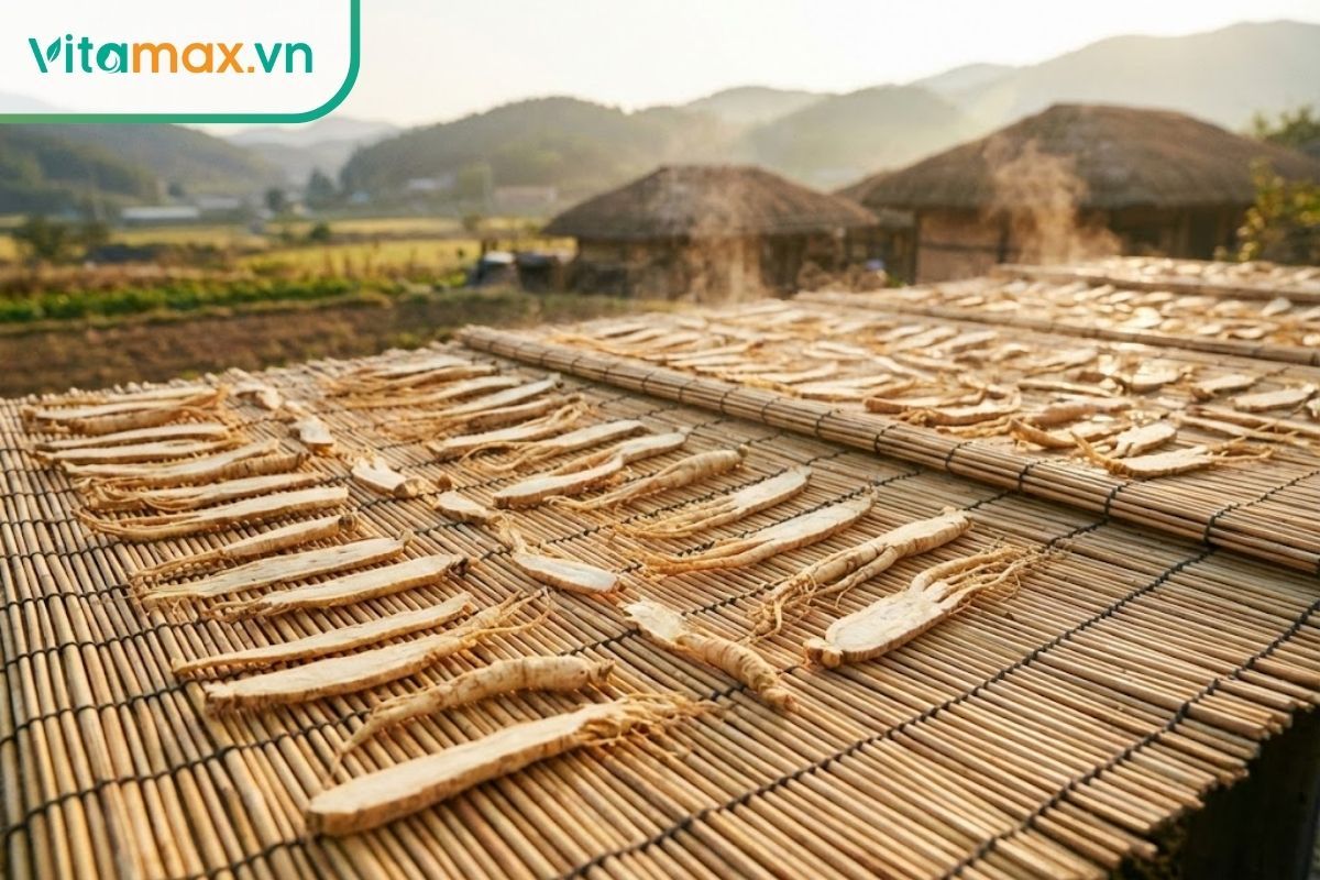 sâm tươi được phơi trên giàn lưới thoáng khí dưới nắng nhẹ