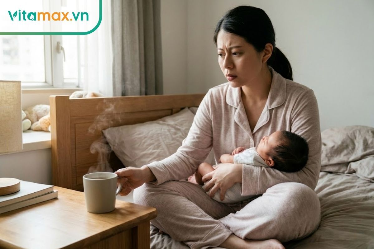 Phụ nữ sau sinh băn khoăn nhìn tách trà nhân sâm khi đang bế con nhỏ.