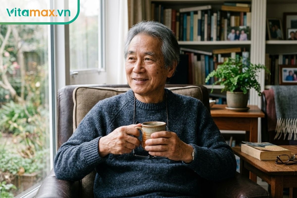 Người đàn ông lớn tuổi ngồi thư giãn trong phòng khách đón nắng sáng, tận hưởng sự khỏe khoắn sau giấc ngủ.