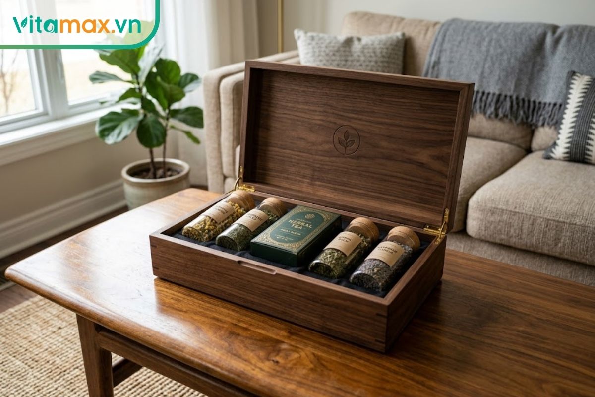Một hộp quà tặng bằng gỗ sang trọng chứa các lọ thảo dược và hộp trà sức khỏe cao cấp được đặt ngay ngắn trên bàn phòng khách.