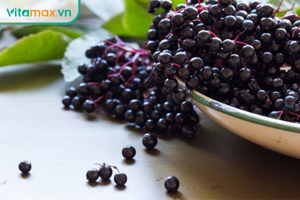 Những chùm quả cơm cháy chín màu tím đen được đặt trong đĩa.