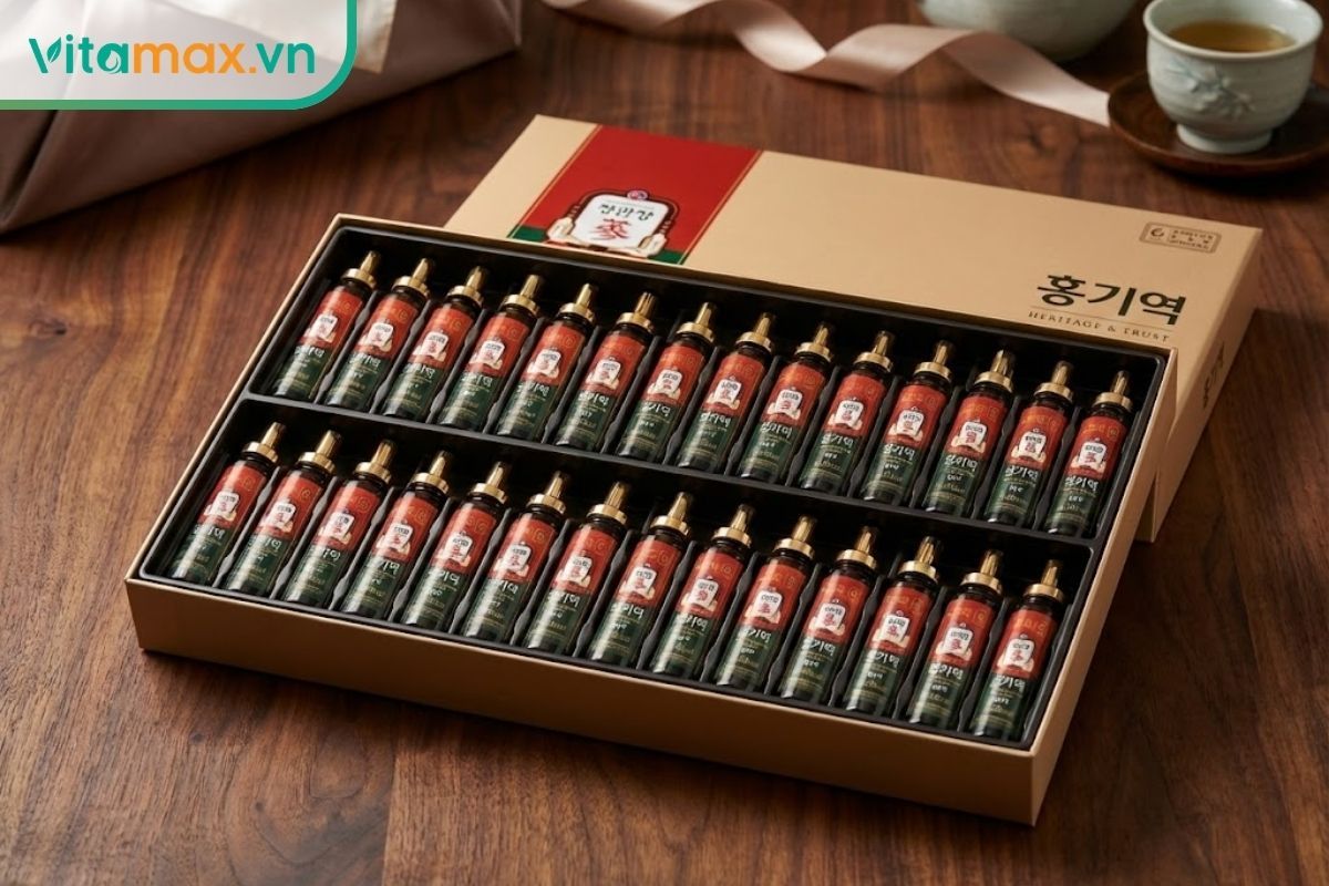 Hộp quà tặng hồng sâm Hàn Quốc được thiết kế sang trọng với các họa tiết truyền thống, thích hợp làm quà biếu người lớn tuổi.