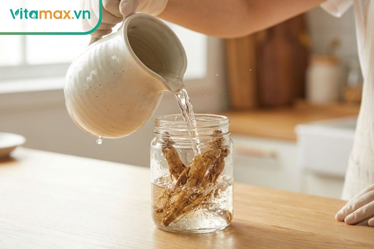 cận cảnh rót rượu trắng vào bình sâm khô đảm bảo ngập củ