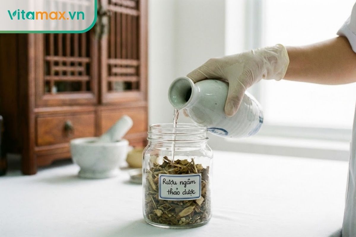 chuyên gia đông y đang thực hiện quy trình ngâm rượu thuốc đúng chuẩn khoa học